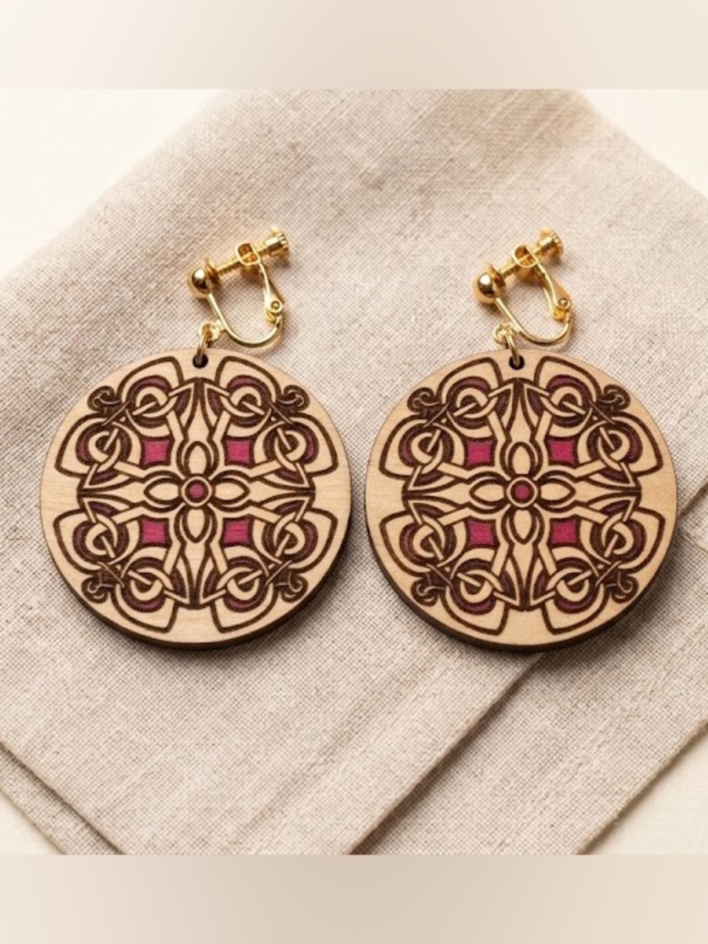 Handcrafted Celtic Design Wooden Round Drop Earrings with Pink Accents
